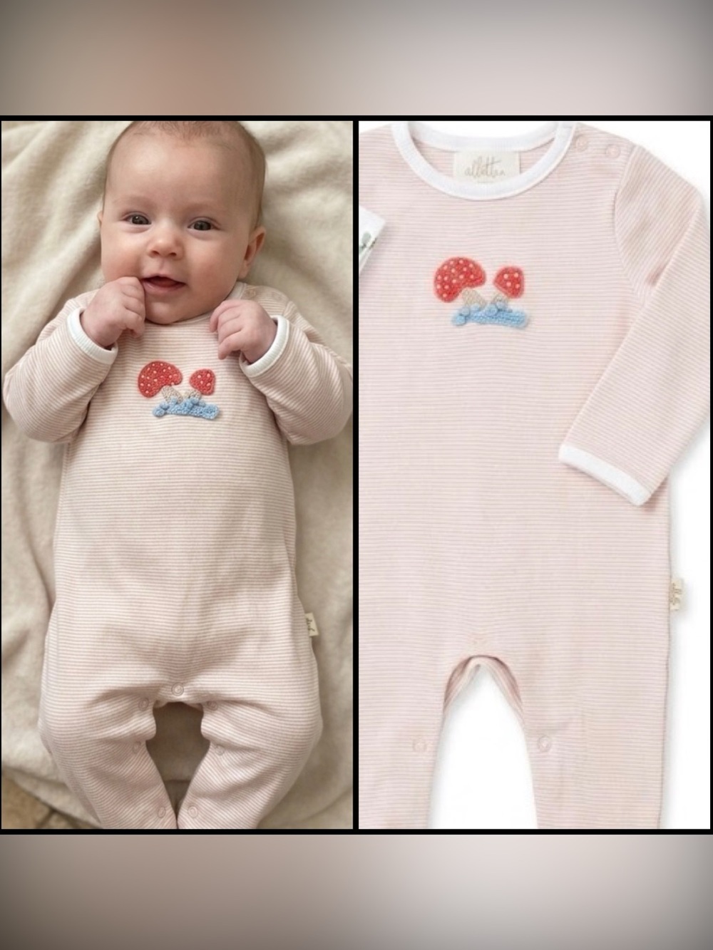 Albetta Crochet Nature Soft Pink Toadstool Mushroom Appliqué 0-3 mon Baby Romper
